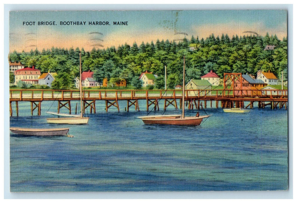 1940 Foot Bridge, Boat Scene, Houses, Boothbay Harbor Maine ME Postcard