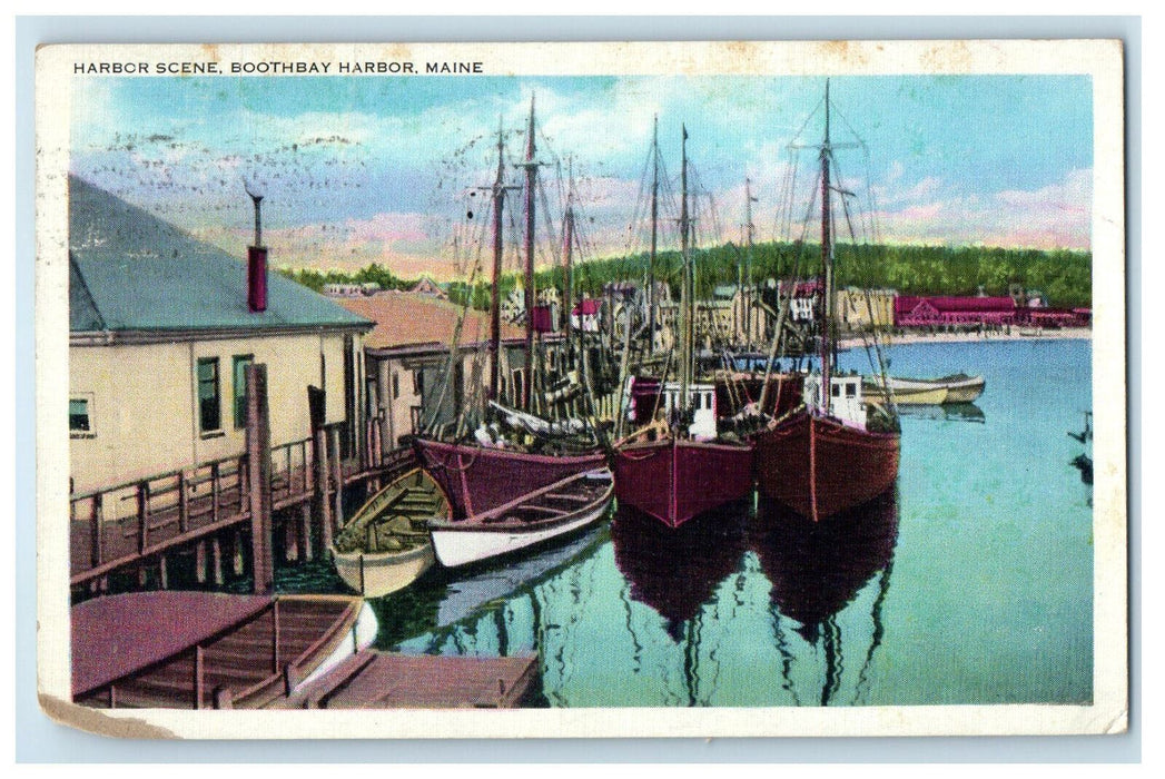 1934 Landing Scene, Big Boats with Flag Pole, Booth Bay Harbor ME Postcard