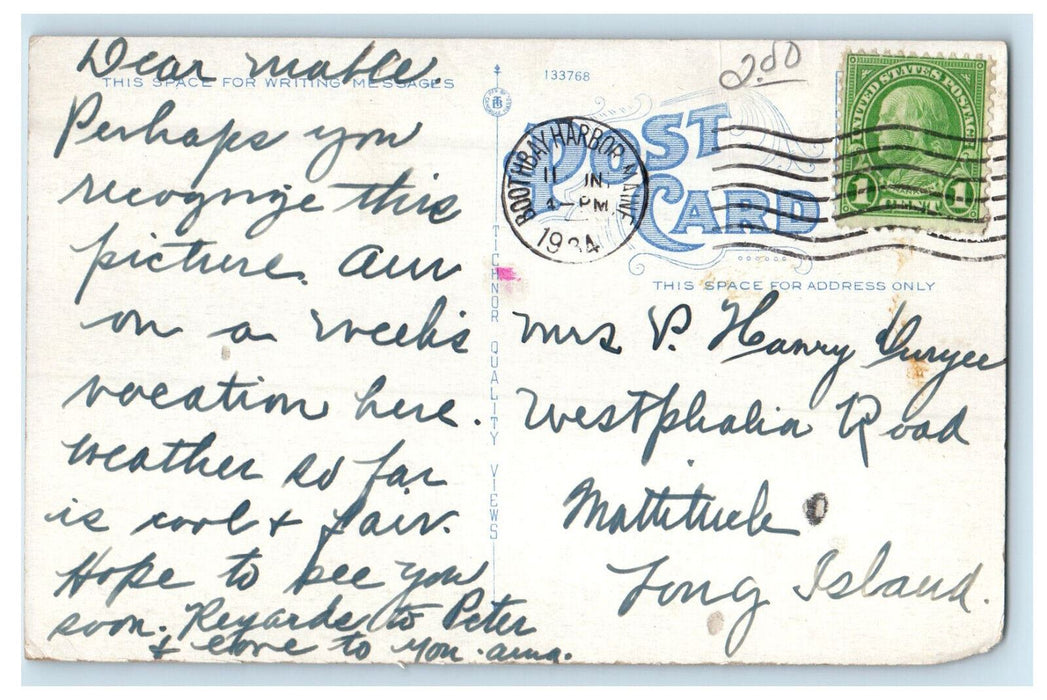 1934 Landing Scene, Big Boats with Flag Pole, Booth Bay Harbor ME Postcard