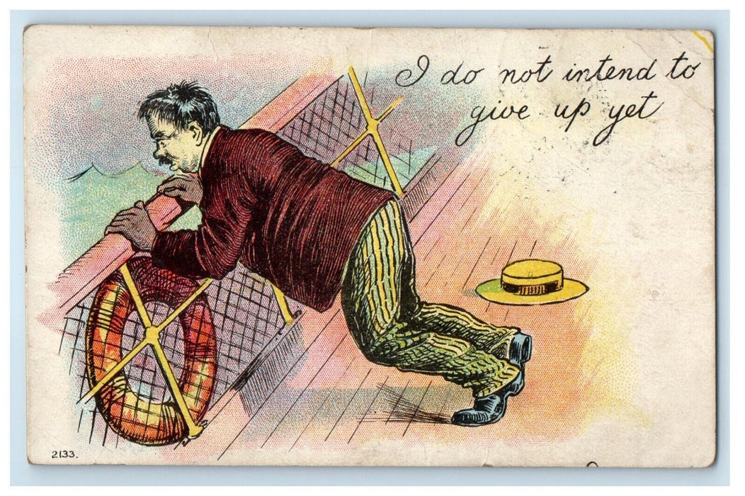 1907  Man Seasick Boat Hat Leechburg Pennsylvania PA Posted Antique Postcard