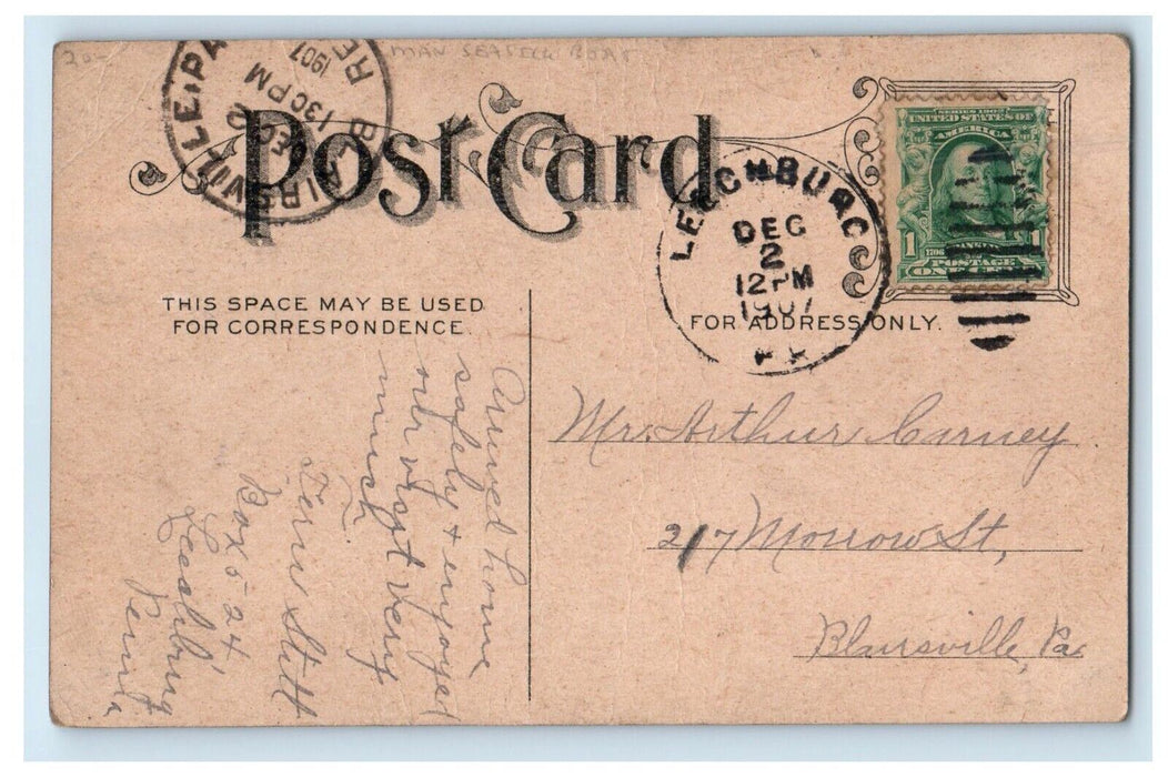 1907  Man Seasick Boat Hat Leechburg Pennsylvania PA Posted Antique Postcard