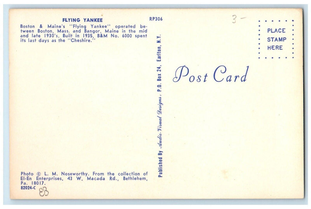 c1940's Operating Between Boston MA & Bangor Maine "The Flying Yankee" Postcard