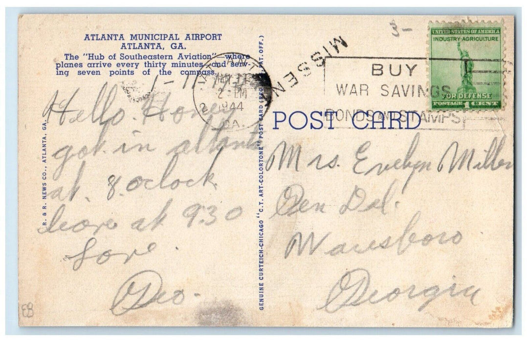 1944 Delta Air Lines NC14921 Municipal Airport Atlanta Georgia GA Postcard