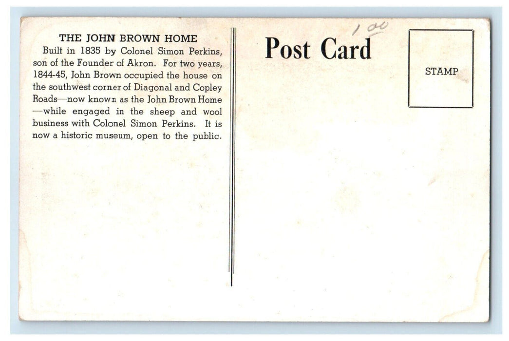 The John Brown Home By Colonel Simon Perkins Akron Ohio OH Vintage Postcard