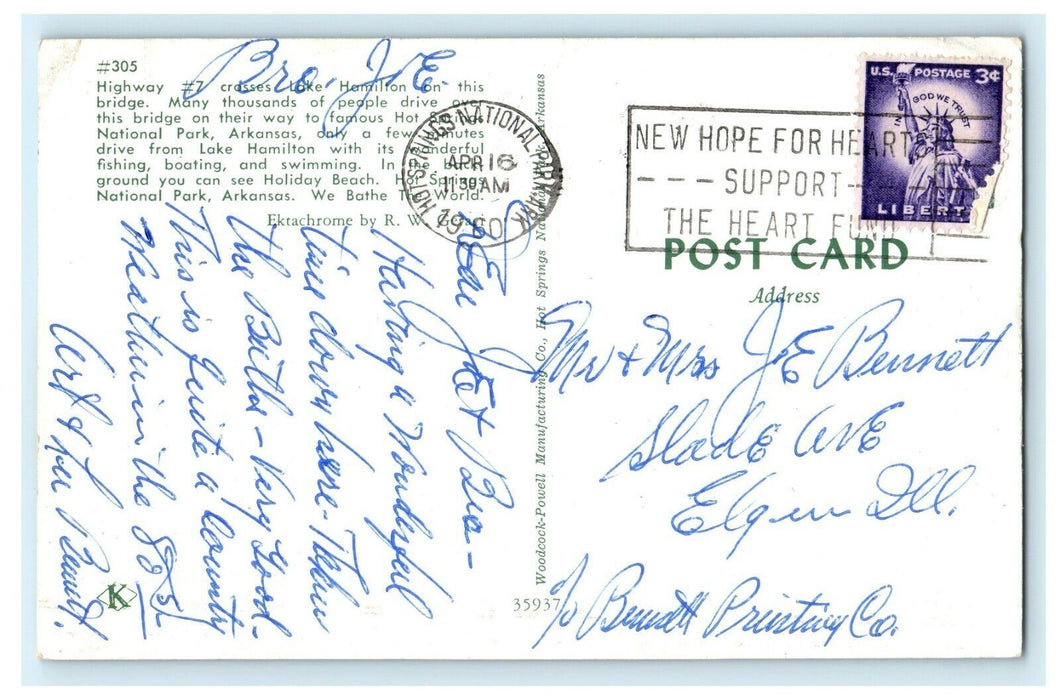 1960 Highway # 7 Arkansas Bridge Crosses Lake Hamilton, Arkansas AR Postcard