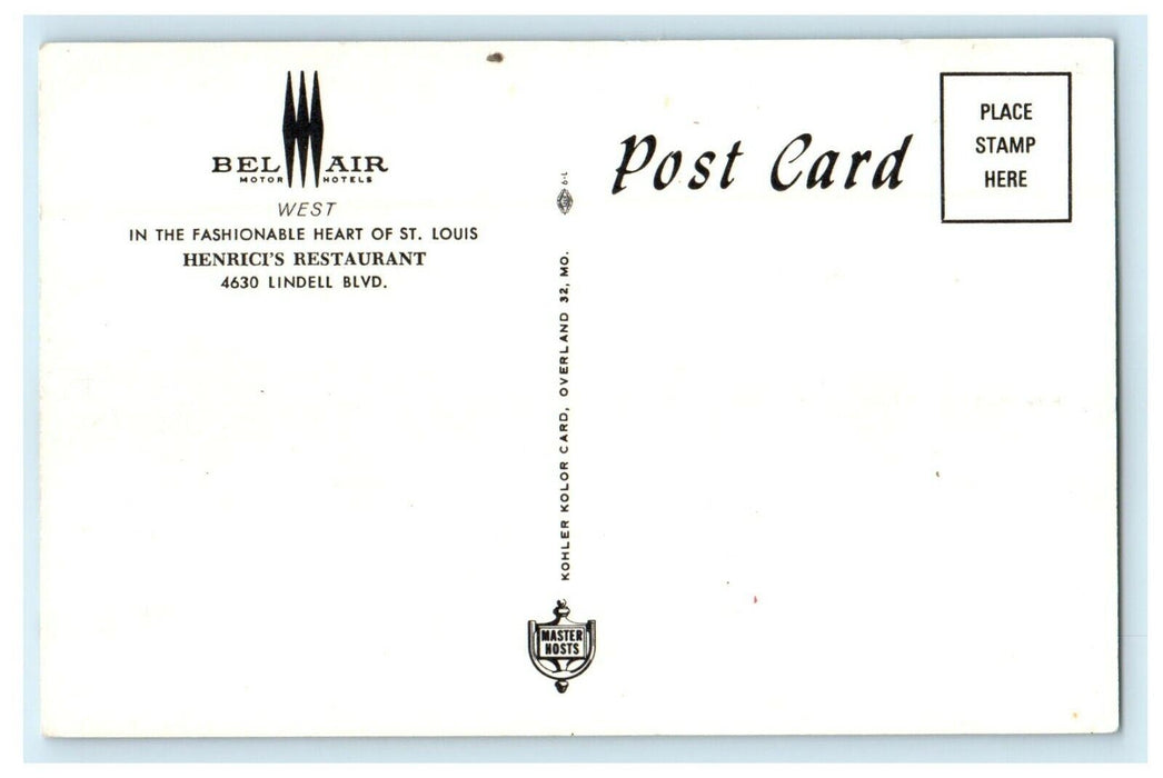 c1950's Bel Air Motor Hotels Henrici's Restaurant Cars St. Louis MO Postcard