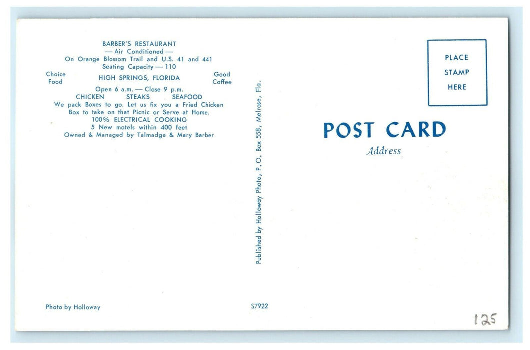 Barber's Restaurant High Spring Florida FL Advertising Unposted Postcard