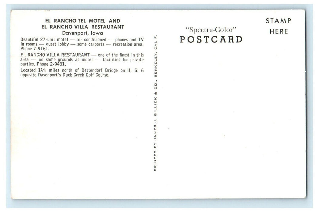 c1950's El Rancho Tel Motel And Villa Restaurant Davenport Iowa IA Postcard