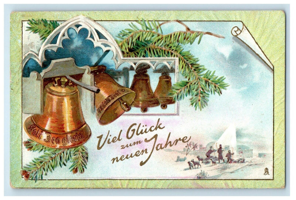 1908 New Year Greetings Bells PineTree Cone Rochester NY Tuck's Postcard