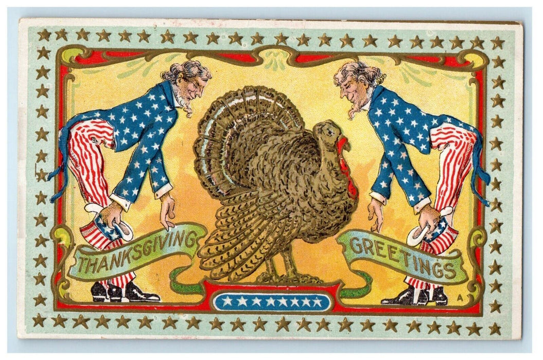 1910 Thanksgiving Greetings Uncle Sam Patriotic Turkey Cameron NY Postcard