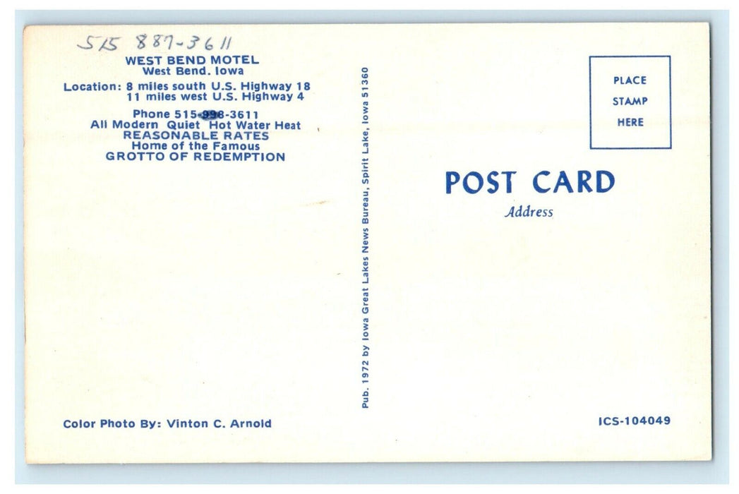 c1950's West Bend Motel West Bend Iowa IA Unposted Vintage Postcard