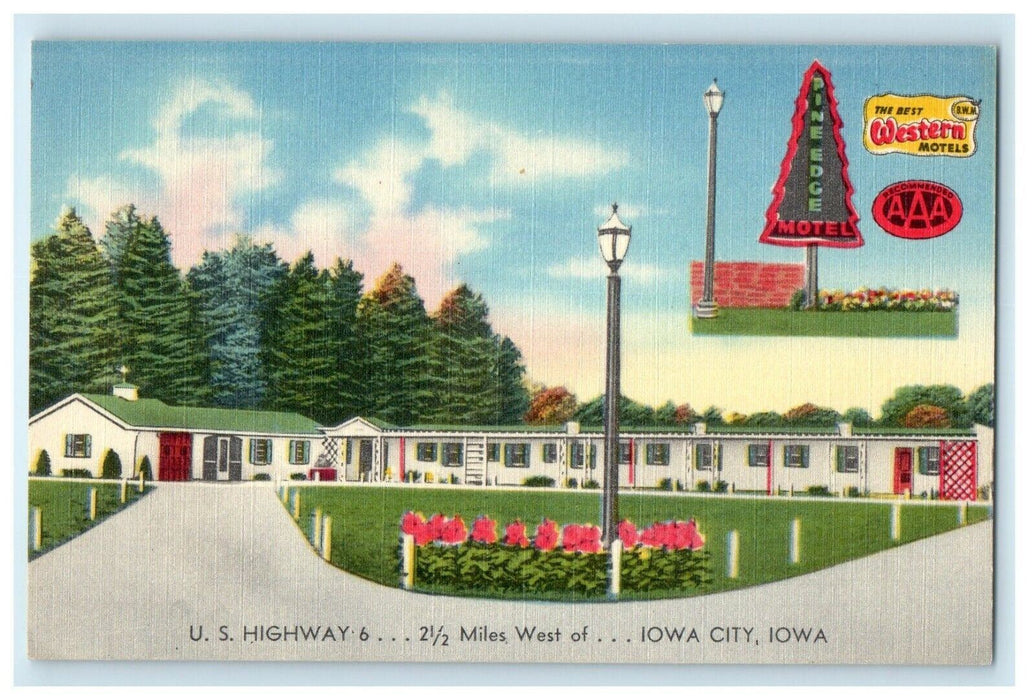 c1950's Pine Edge Motel U.S Highway 6 Iowa City Iowa IA Vintage Postcard