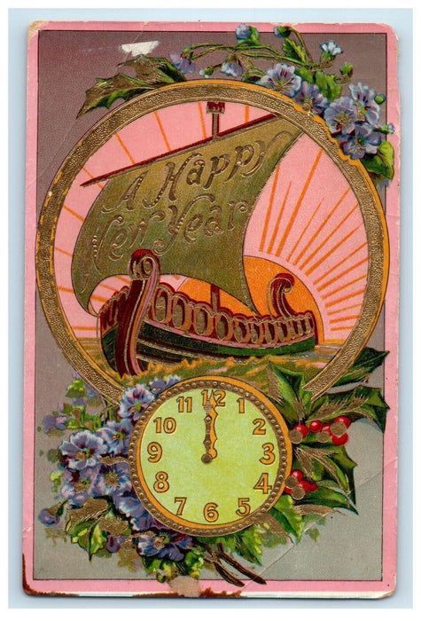 1910 New Year Greetings Sailboat Clock Flowers Gel Gold Gilt Embossed Postcard