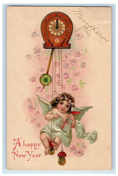 1907 New Year Greetings Clock Hanging Angel Cherub Champagne Embossed Postcard