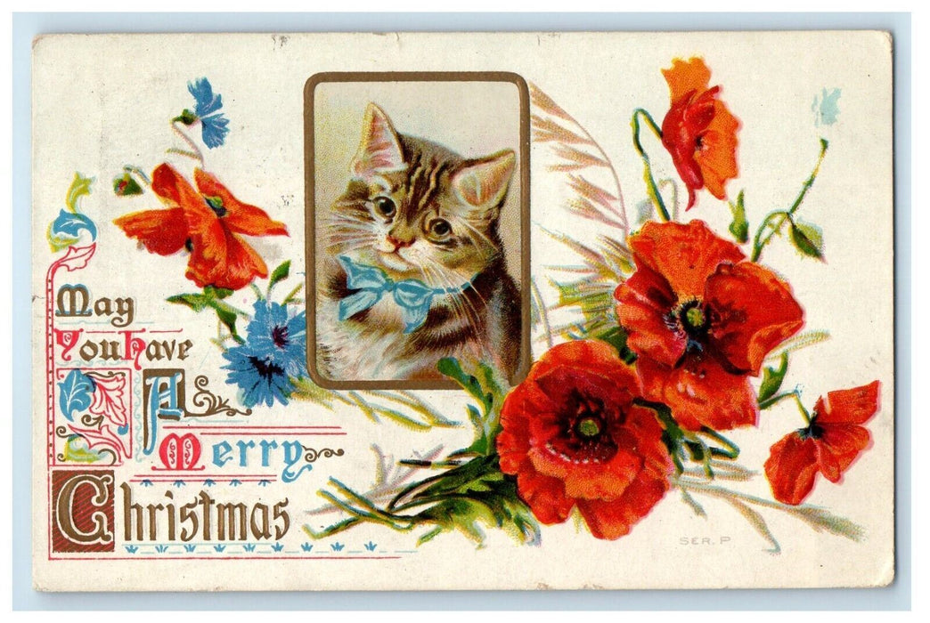 1909 Merry Christmas Greetings Kitten Cat Flowers Embossed Antique Postcard