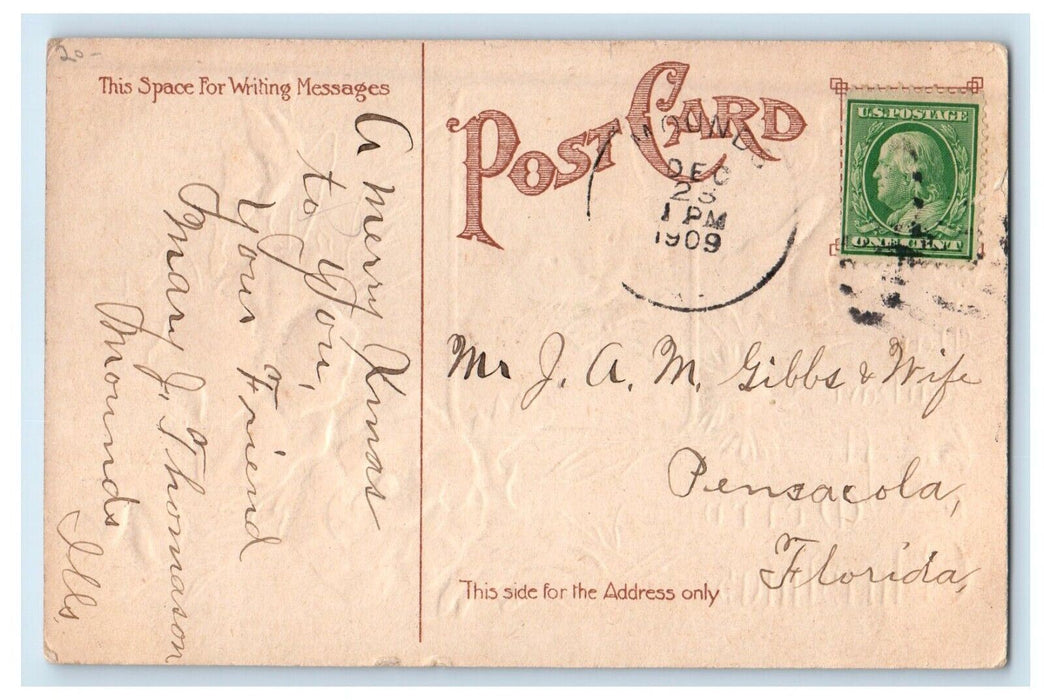 1909 Merry Christmas Greetings Kitten Cat Flowers Embossed Antique Postcard