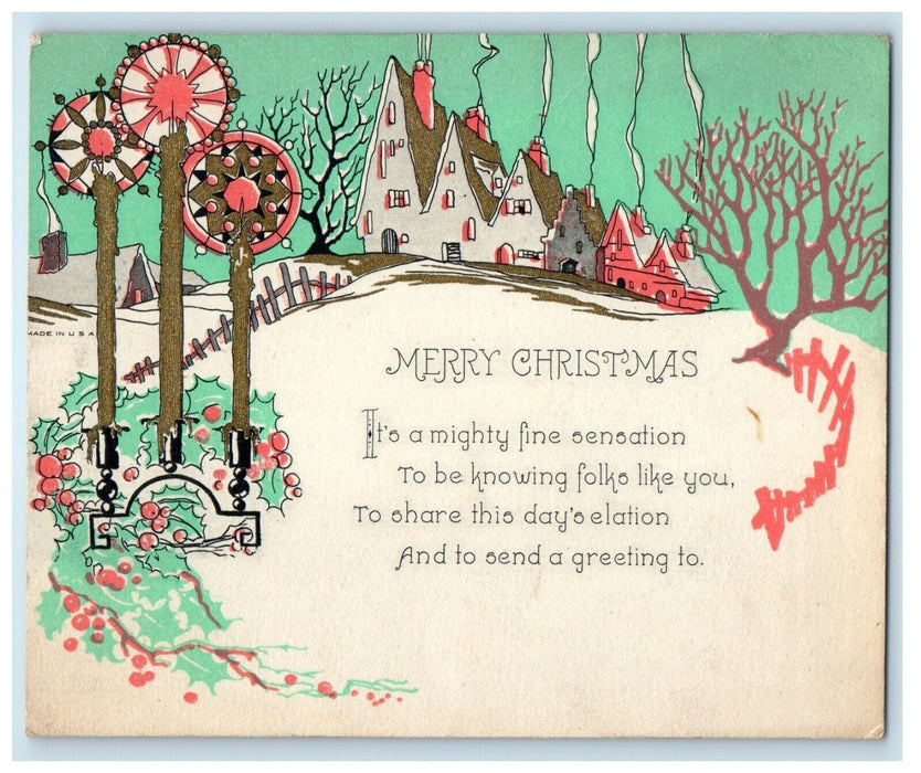 c1920's Merry Christmas Greetings House Holly Winter Snow Vintage Postcard