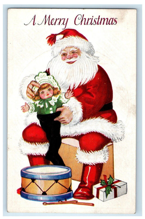 c1910's Christmas Greetings Santa Claus Preparing Gift Toys Embossed Postcard