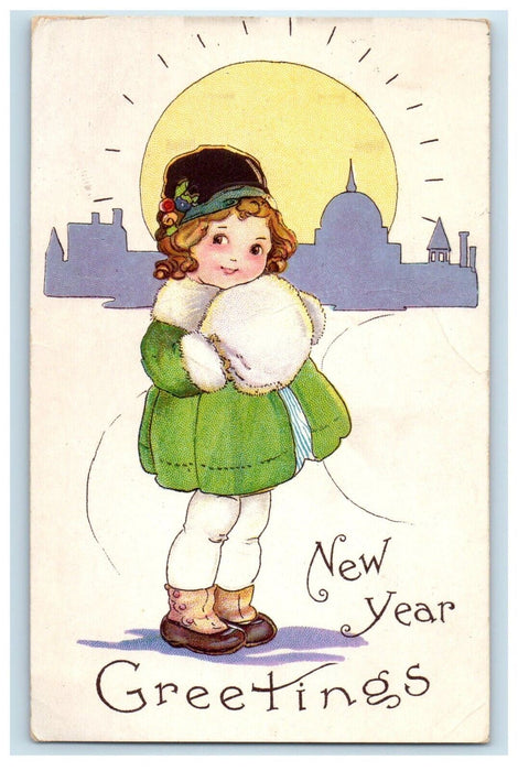 1922 New Year Greetings Victorian Hand Warmer Rising Sun Embossed Postcard