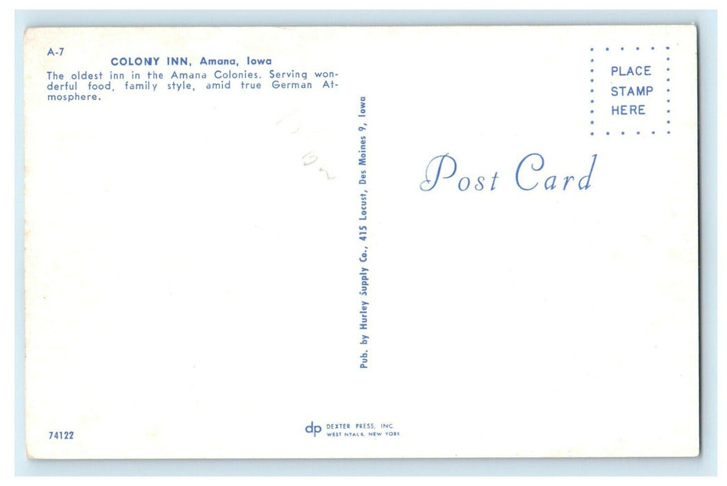 c1950's Colony Inn Motel Car Amana Iowa IA Unposted Vintage Postcard