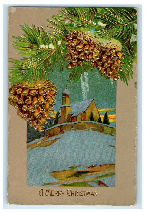 1909 Merry Christmas Pine Cones House Winter Snow Gel Gold Embossed Postcard