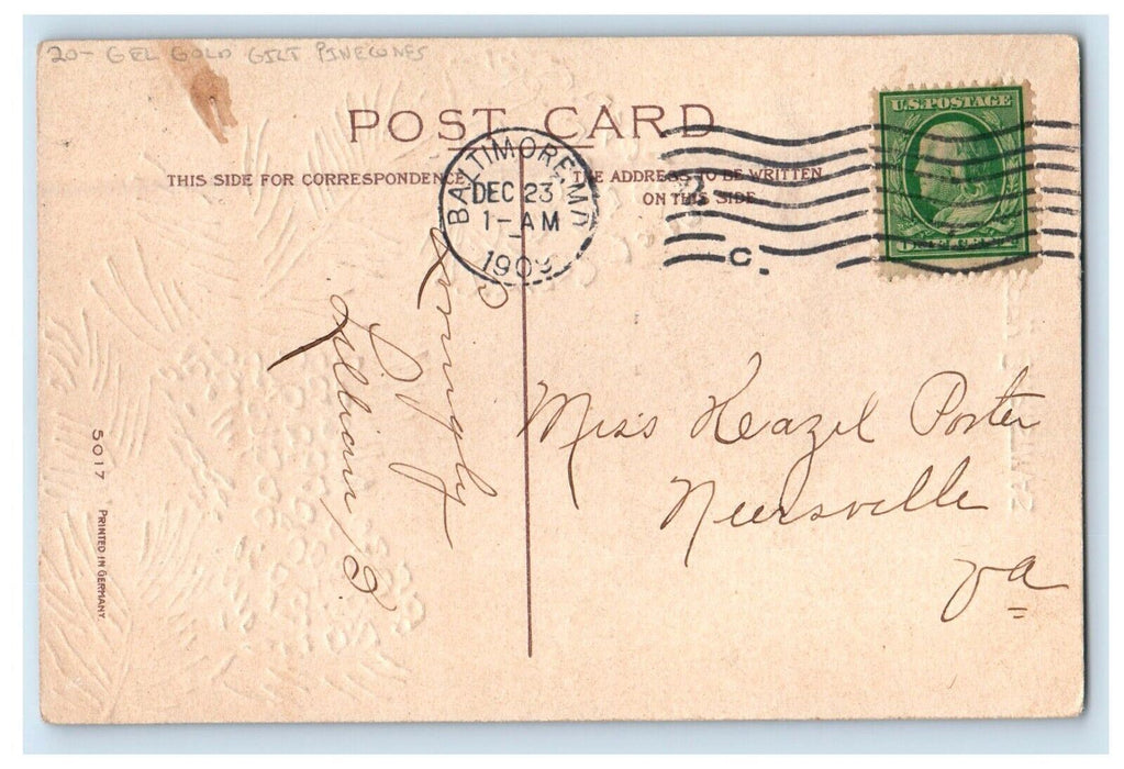 1909 Merry Christmas Pine Cones House Winter Snow Gel Gold Embossed Postcard