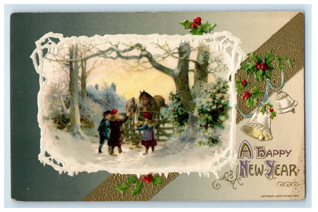 1910 New Year Greetings Donkey Barn Children John Winsch Artist Signed Postcard