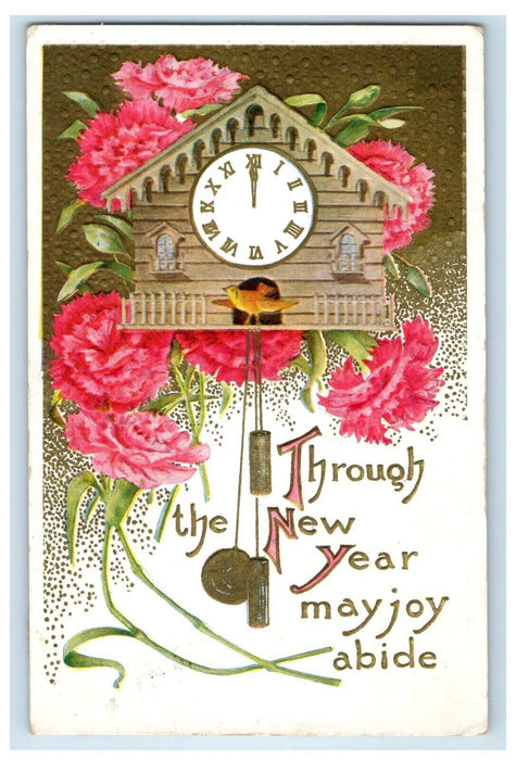 1909 New Year Greetings Bird House Cuckoo Clock Pink Flowers Embossed Postcard