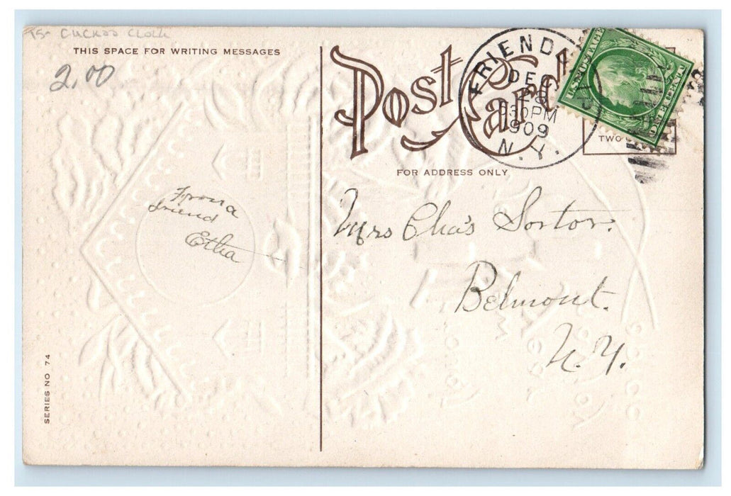 1909 New Year Greetings Bird House Cuckoo Clock Pink Flowers Embossed Postcard