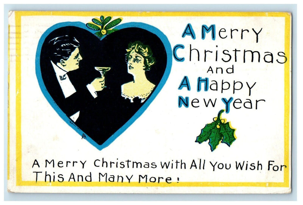 1907 Merry Christmas And Happy New Year  Couple Toast Posted Antique Postcard