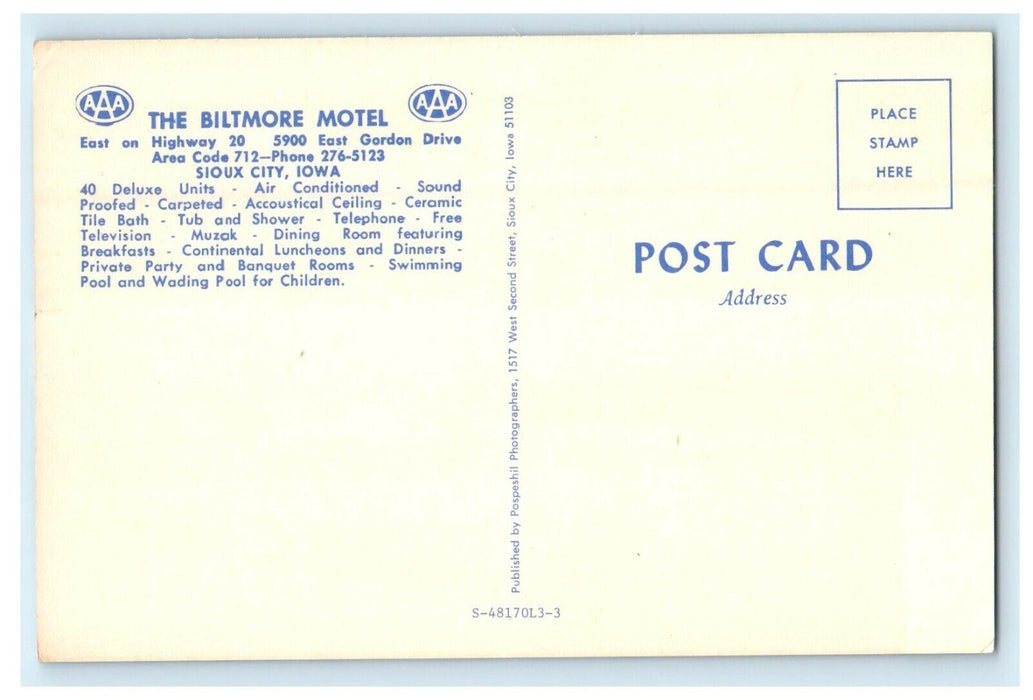 c1950's The Biltmore Motel And Dining Room Sioux City Iowa IA Postcard
