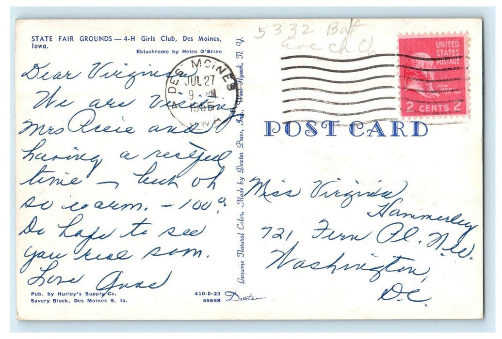1955 State Fair Grounds Girls Club Des Moines Iowa IA Posted Vintage Postcard