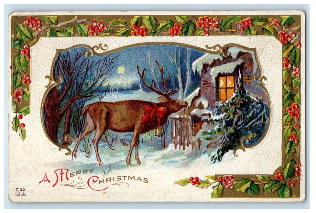 c1910's Christmas Greetings Nash Winter Snow House Moon Embossed Postcard