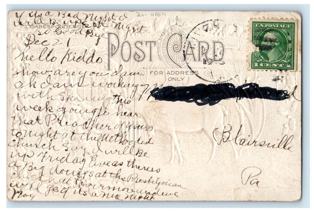 c1910's Christmas Greetings Nash Winter Snow House Moon Embossed Postcard