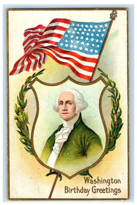 c1910's Birthday Greetings George Washington Patriotic Flag Embossed Postcard