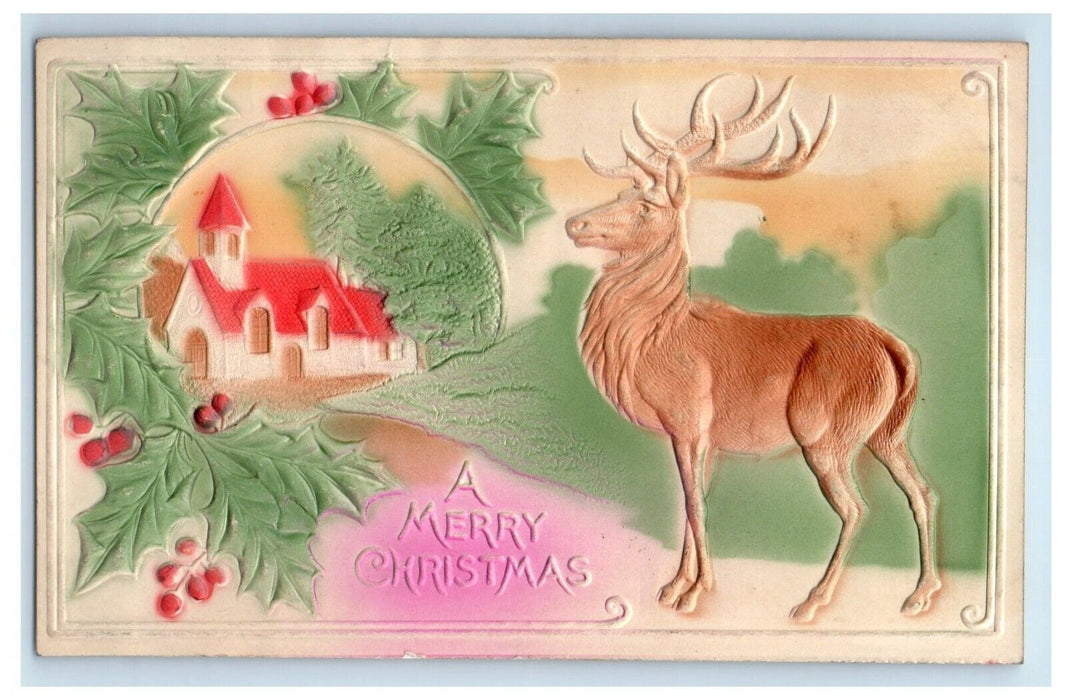 1909 Christmas Greetings Airbrushed Deer House Holly Berries Embossed Postcard