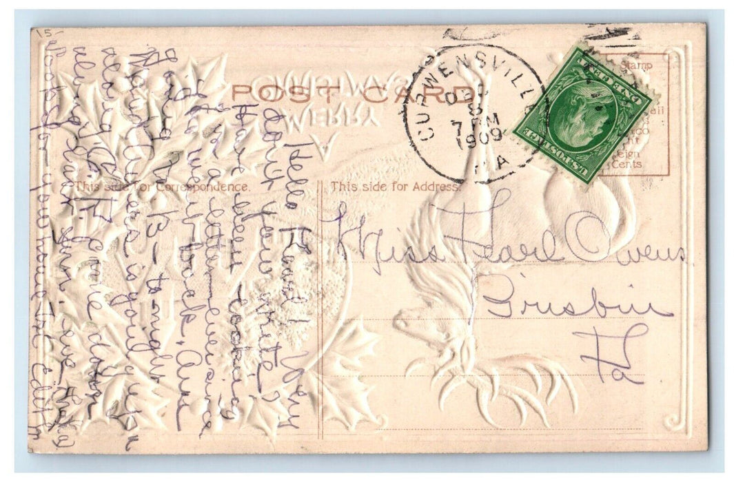 1909 Christmas Greetings Airbrushed Deer House Holly Berries Embossed Postcard