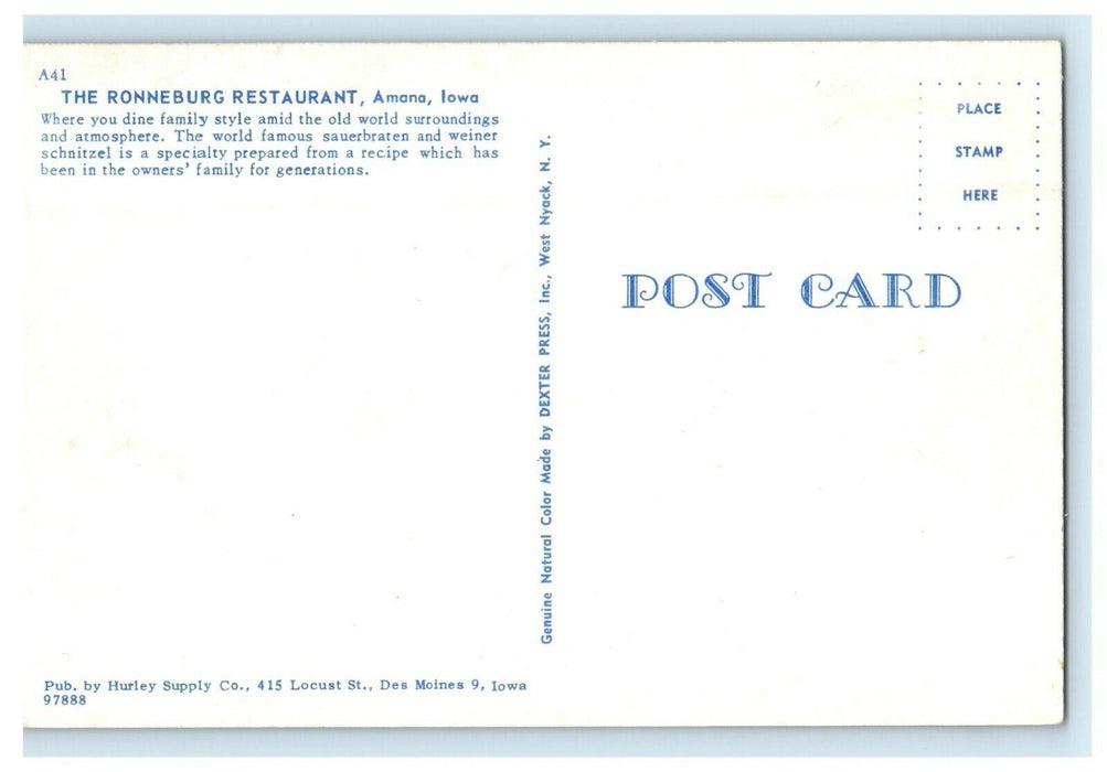 c1950's The Ronneburg Restaurant Amana Iowa IA Unposted Vintage Postcard