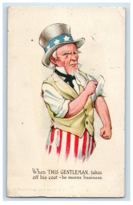 1917 Uncle Sam Patriotic WWI Fourth Of July Rolling Up Sleeves Antique Postcard