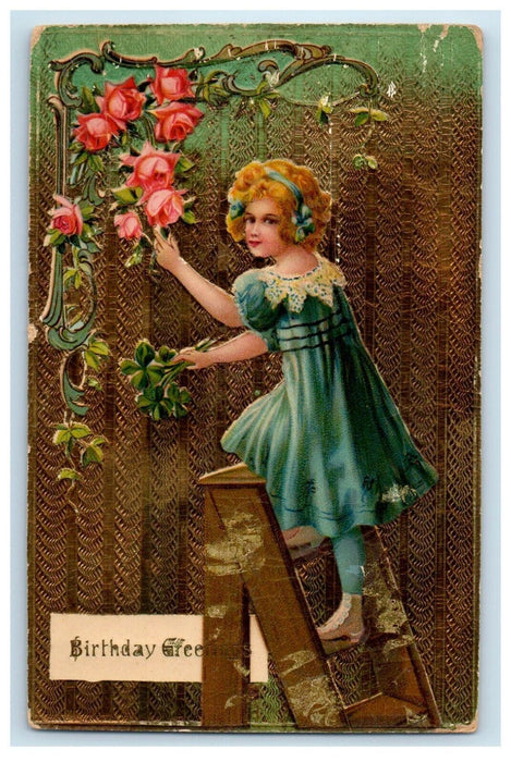 1911 Birthday Greetings Girl Ladder Flowers Gel Gold Gilt Embossed Postcard