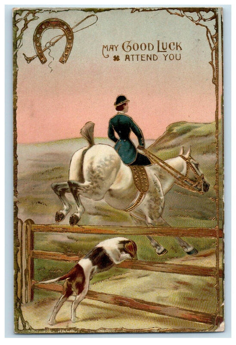 c1910's Horseback Riding Jockey Hunting Hound Dog Horseshoe Embossed Postcard