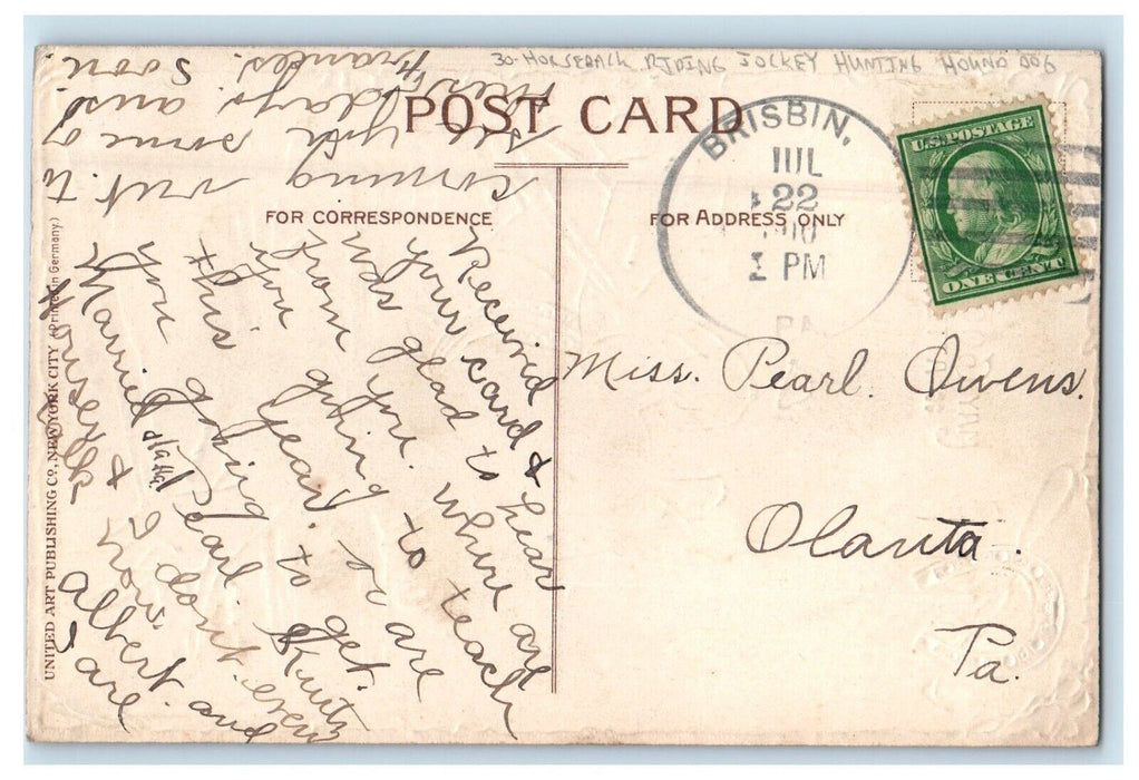 c1910's Horseback Riding Jockey Hunting Hound Dog Horseshoe Embossed Postcard
