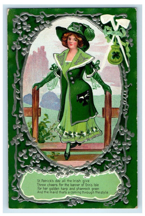St. Patrick's Day Beautiful Girl Erin's Isle Big Hat Shamrock Embossed Postcard