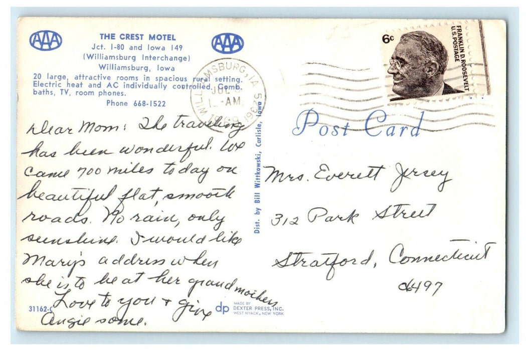 1969 The Crest Hotel Room View Williamsburg Iowa IA Posted Vintage Postcard