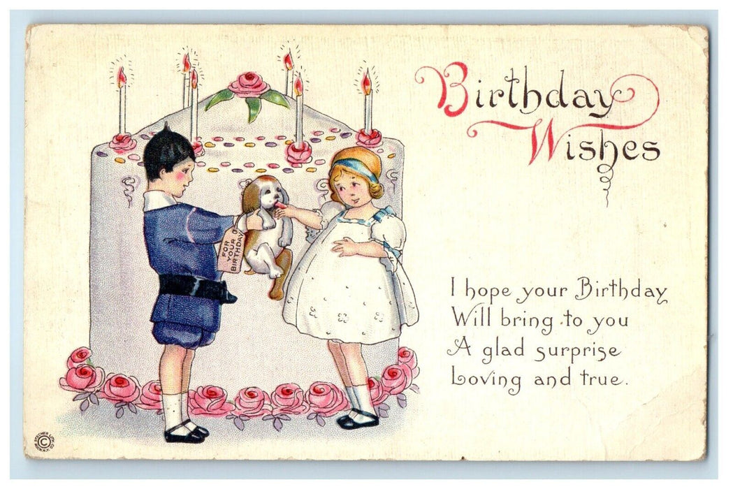 c1910's Birthday Greetings Boy Girl Cute Puppy Dog Present Big Cake Postcard