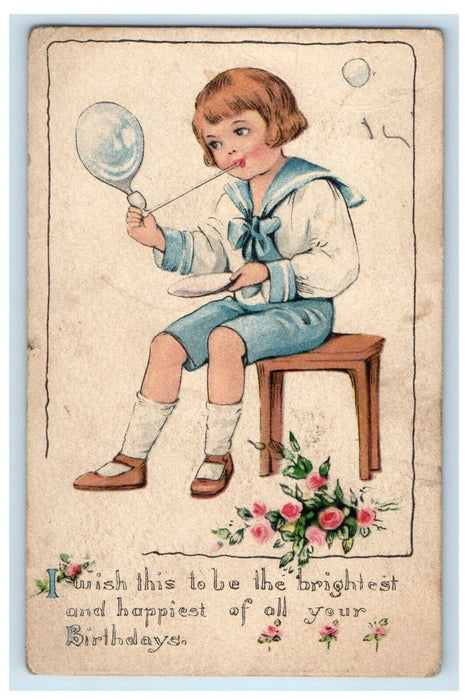 c1910's Birthday Greetings Little Boy Child Blowing Bubbles Antique Postcard