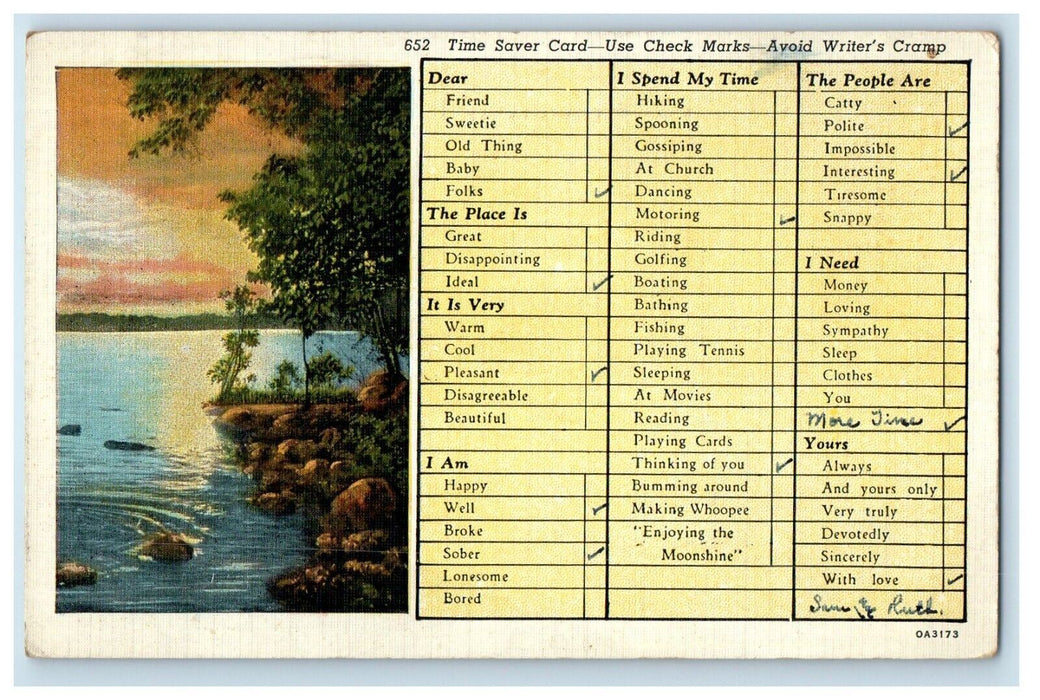 1939 Time Saver Card Checklist Lake View Tarboro North Carolina NC Postcard