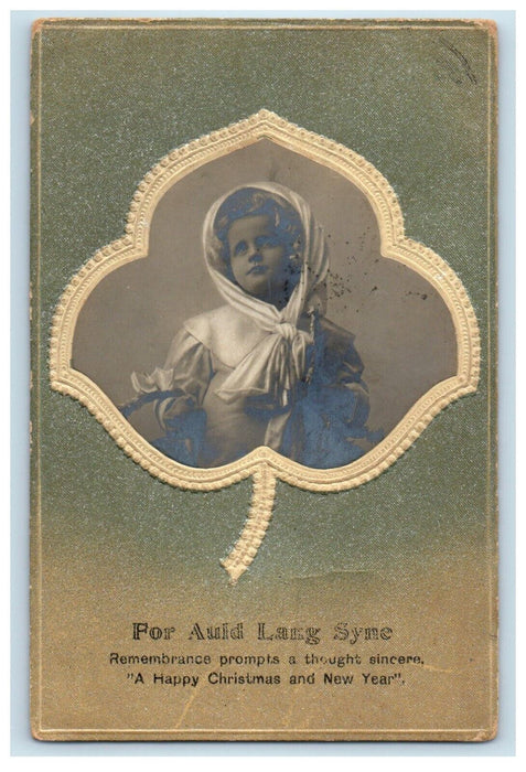 c1910s Christmas And New Year Greetings Girl Studio Portrait RPPC Photo Postcard