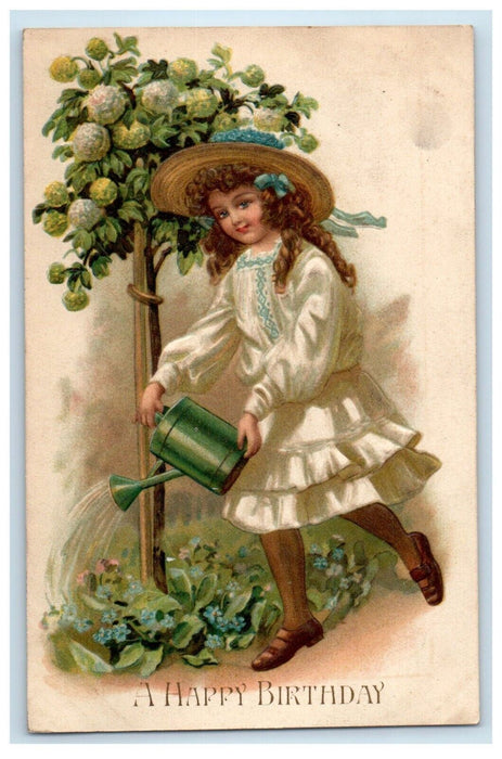 Birthday Greetings Pretty Girl Big Hat Watering Flowers Embossed Postcard