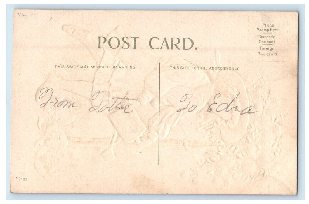 Birthday Greetings Pretty Girl Big Hat Watering Flowers Embossed Postcard